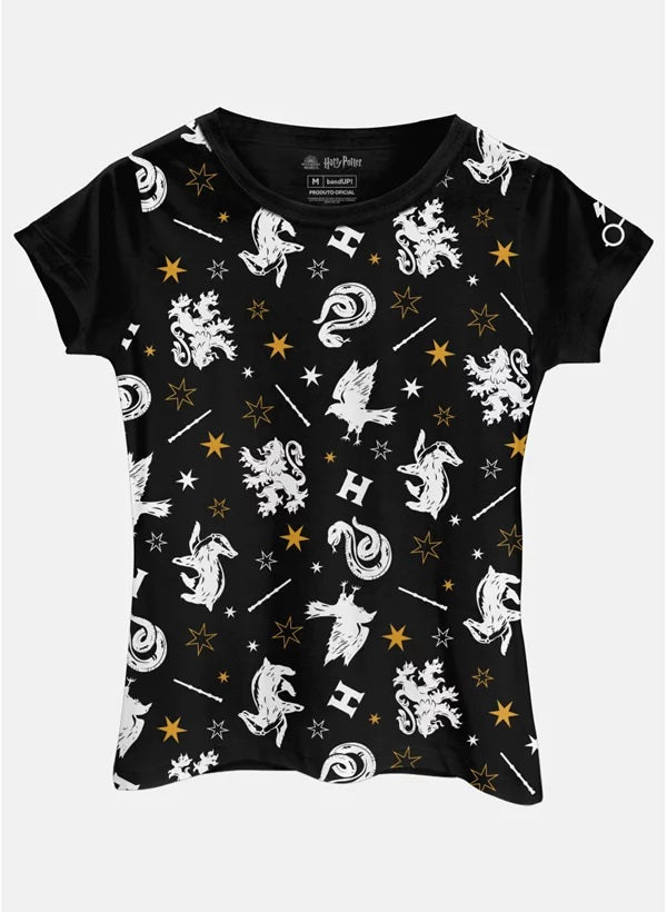 Camiseta Baby Look Harry Potter Mascotes de Hogwarts - Preto - BandUP!