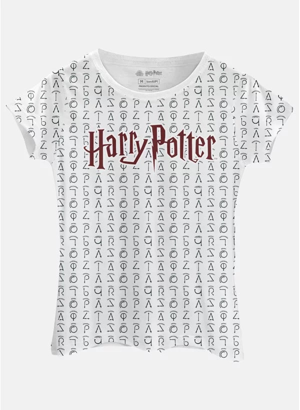 Camiseta Baby Look Harry Potter Feitiços Ícones - Branco - BandUP!