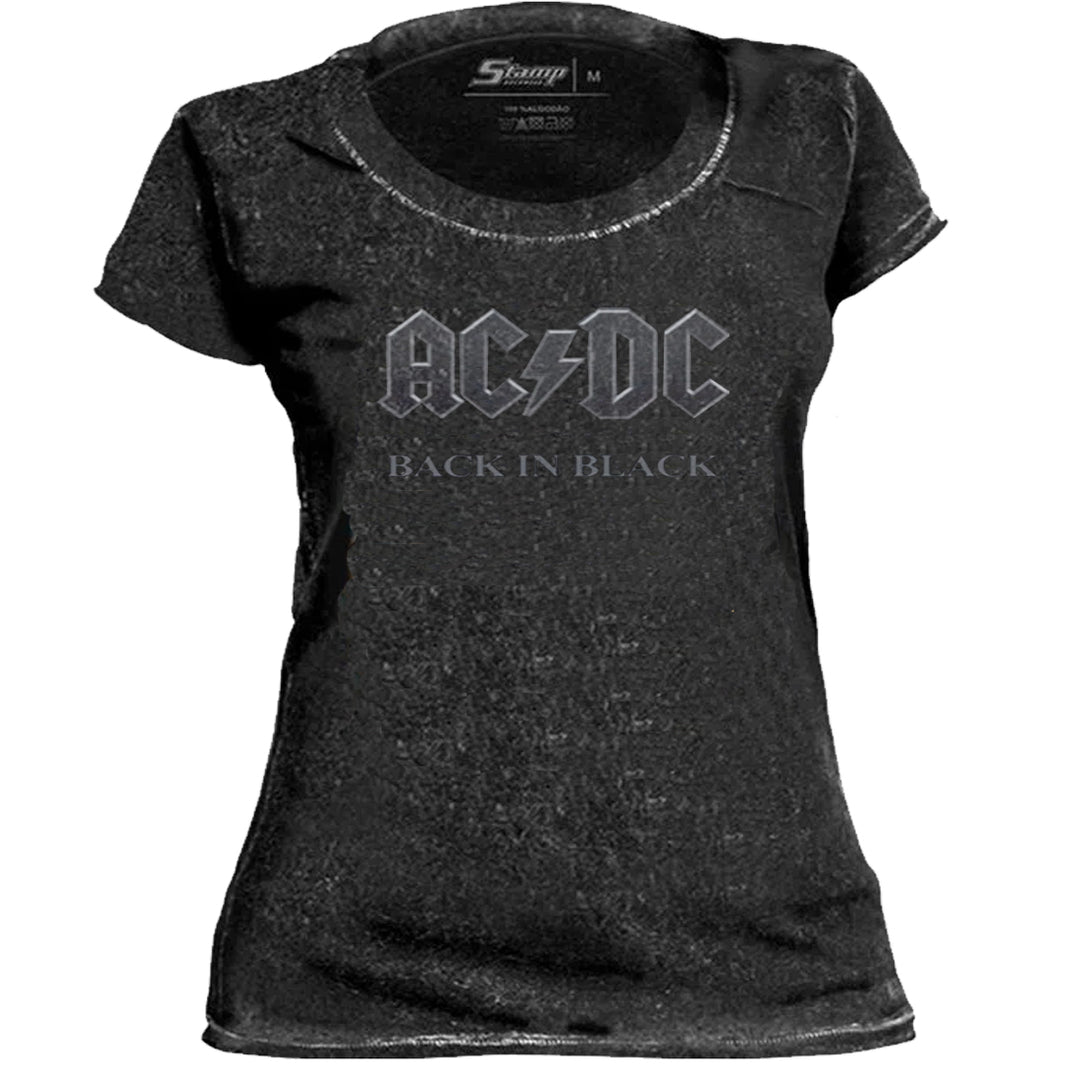 Baby Look Stamp Especial AC/DC Black In Black Preta