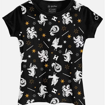 Camiseta Baby Look Harry Potter Mascotes de Hogwarts - Preto - BandUP!